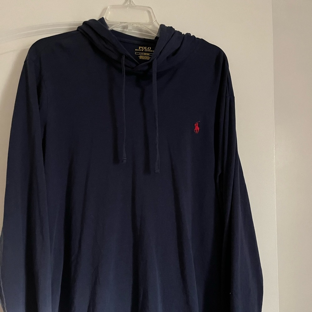 Ralph Lauren Mens hooded long sleeve shirt in navy with red polo